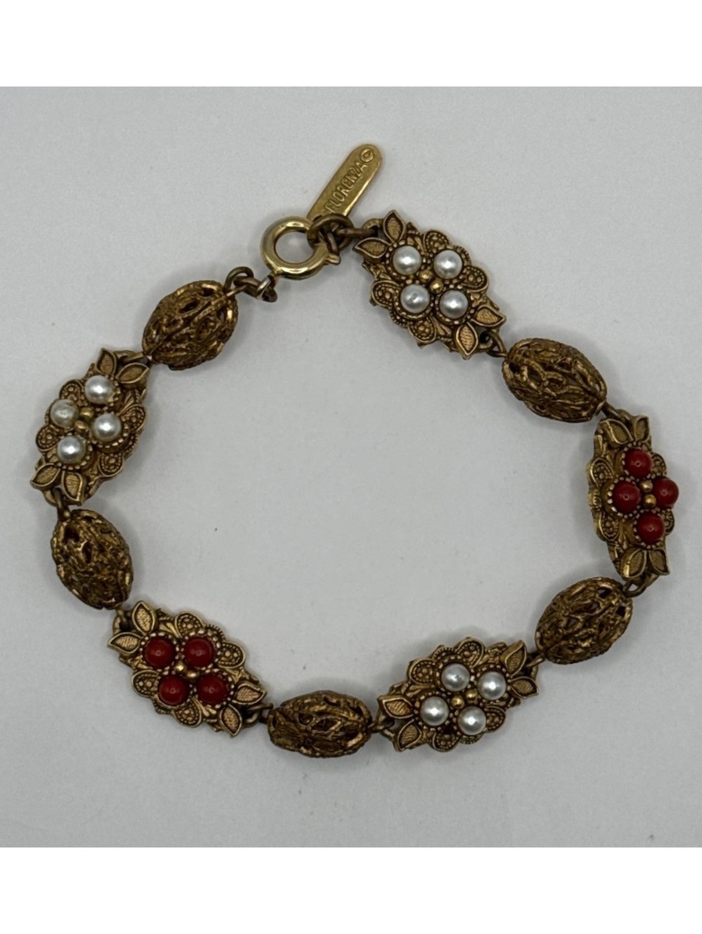 Vintage Florenza Bracelet Red Cabochon Faux Pearl Gold Tone Filigree Signed